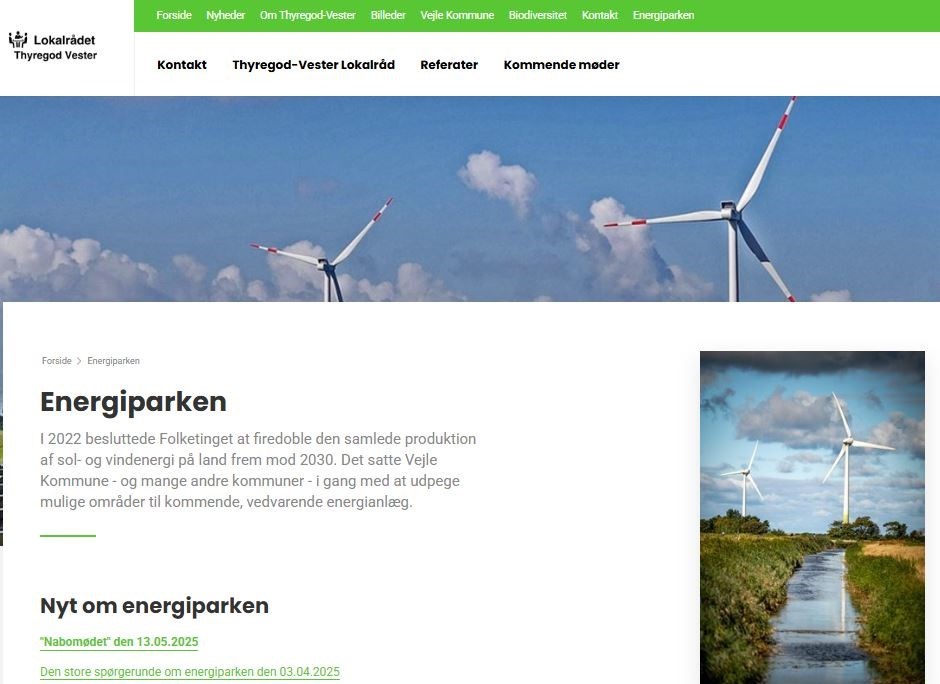 Billede af Lokalrådets hjemmeside under menupunktet "Energiparken".
