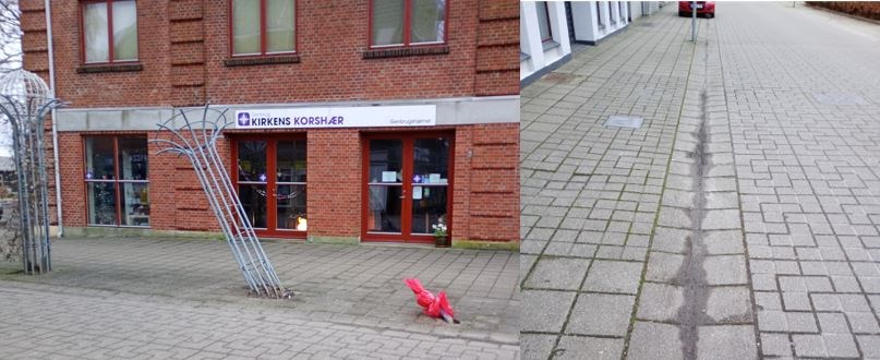 Heldigvis er det "kun" blomsterstanderne, det går ud over, når der køres på fortovet. De afmærkede P-båse er svære at få øje på - ligesom fortovskanten.